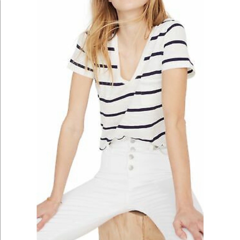 Madewell Striped Cotton V-Neck T-Shirt (S)